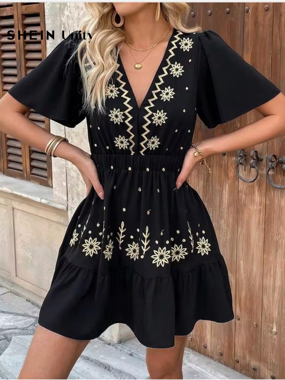 SHEIN Black V-Neck Tiered Dress with Cream Floral Embroidery